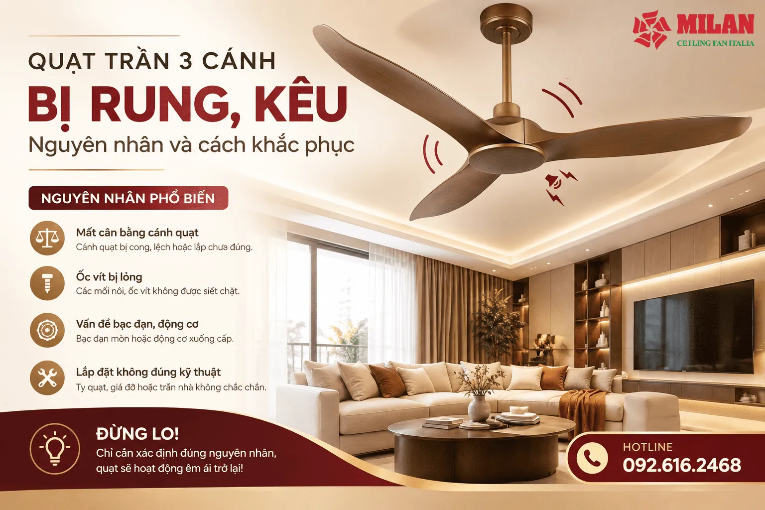 Quạt trần 3 cánh bị rung, kêu